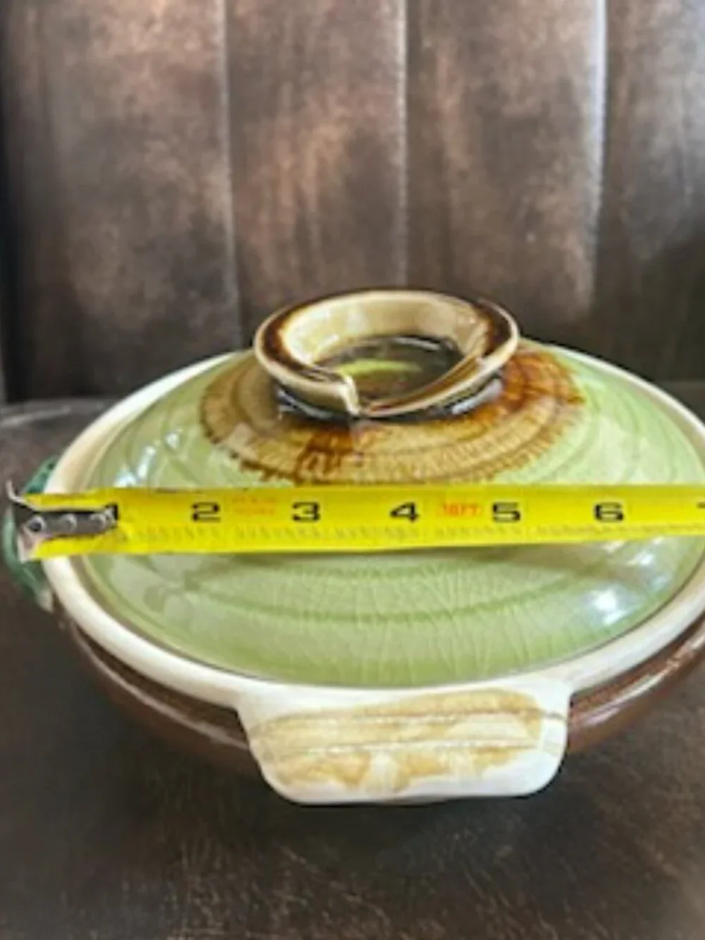 Rare Japanese Donabe Pottery Hot Pot Green-Glazed Lid Brown-Painted Ornate Base